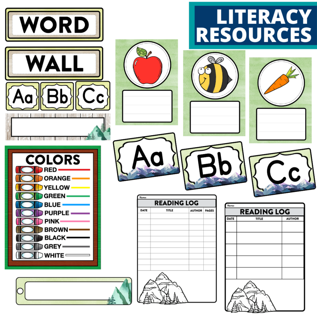 elementary classroom word wall and reading logs for a mountains themed classroom