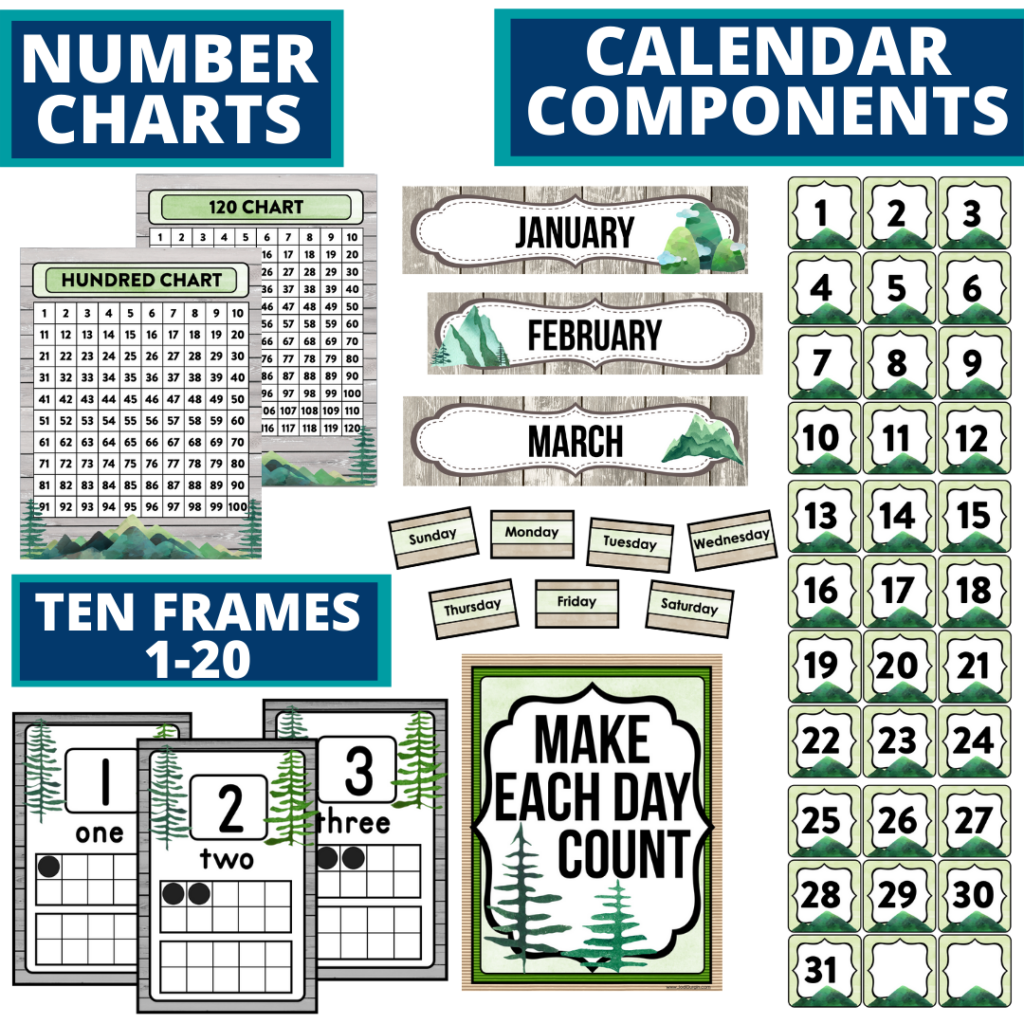 DIY printable classroom calendar for elementary teachers using a mountains classroom theme