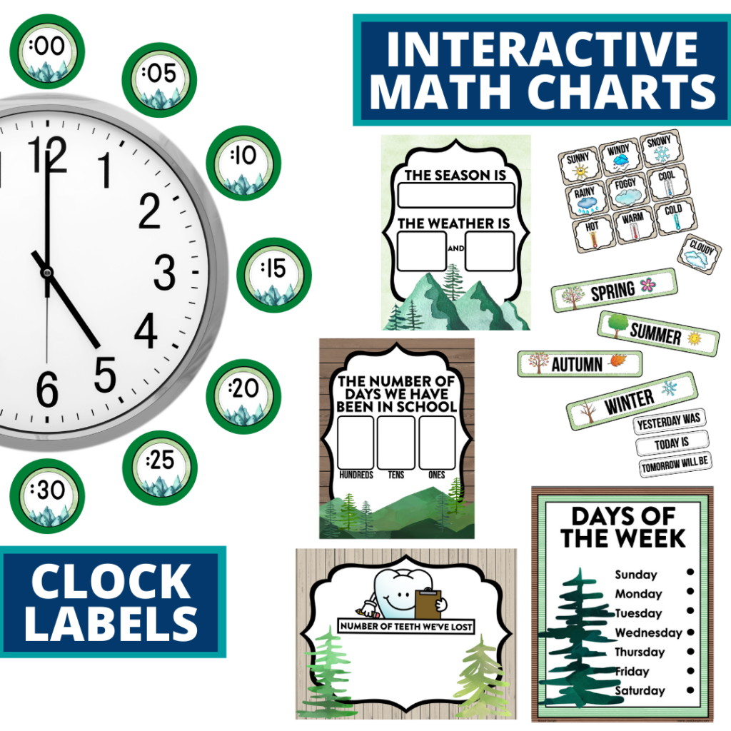 mountains themed math resources for telling time, place value and the days of the week