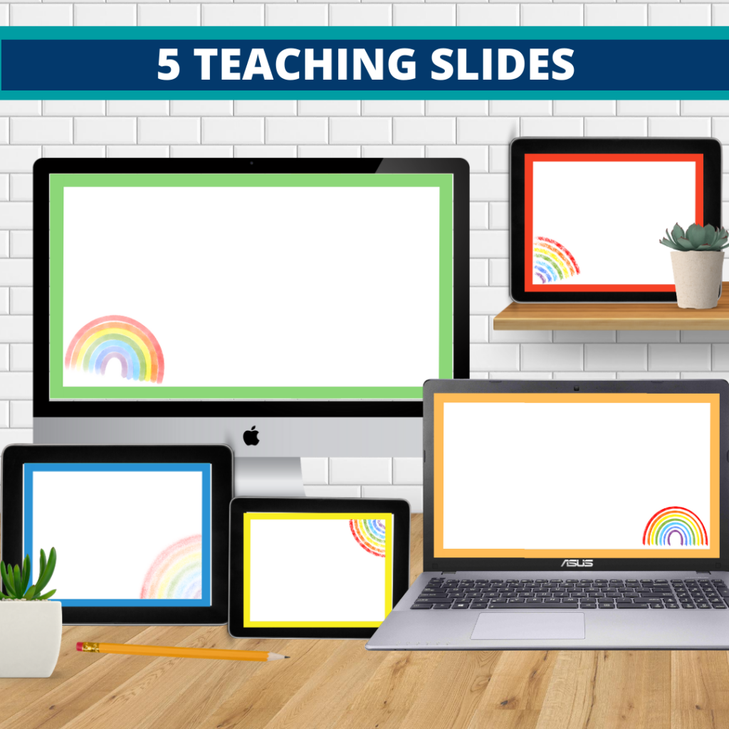 rainbow theme google classroom slides and powerpoint templates for elementary teachers shown on computers