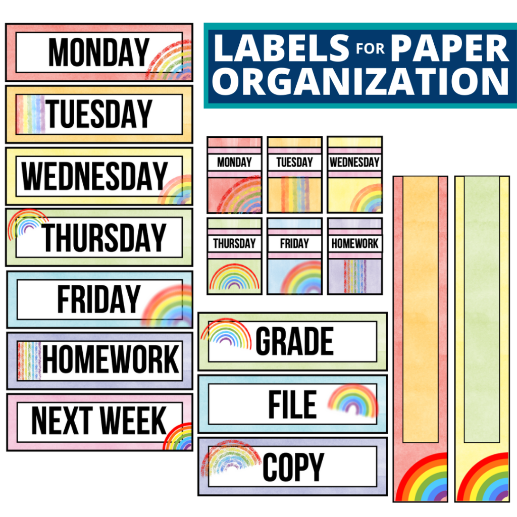 rainbow theme labels for paper organization in the classroom