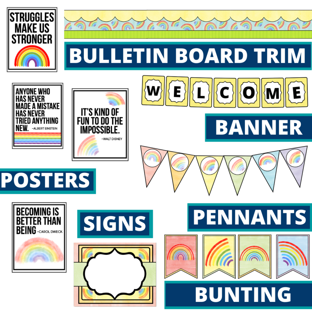 rainbow theme bulletin board trim with pennants, banner and bunting