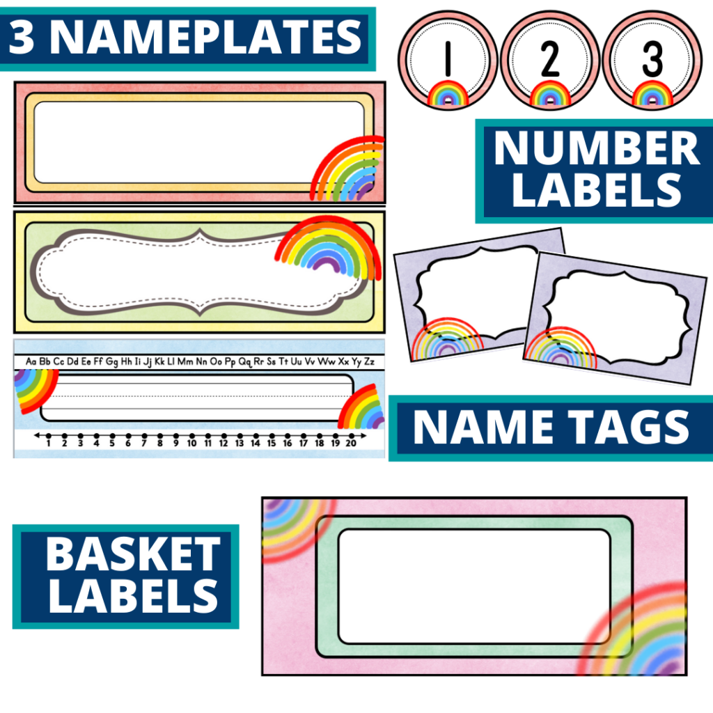 editable nameplates and basket labels for a rainbow themed classroom