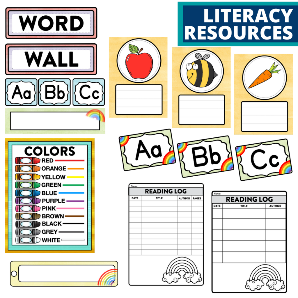 elementary classroom word wall and reading logs for a rainbow themed classroom