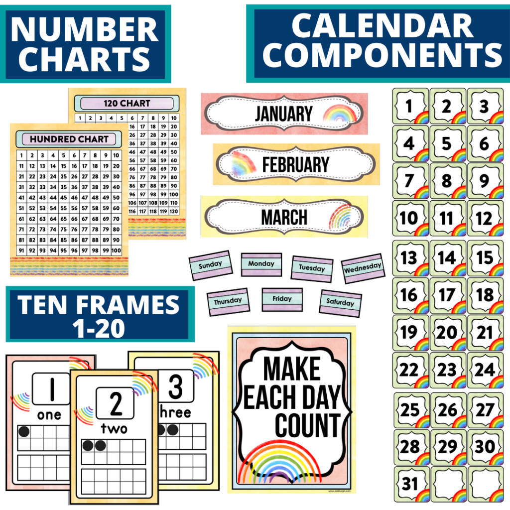 DIY printable classroom calendar for elementary teachers using a rainbow classroom theme