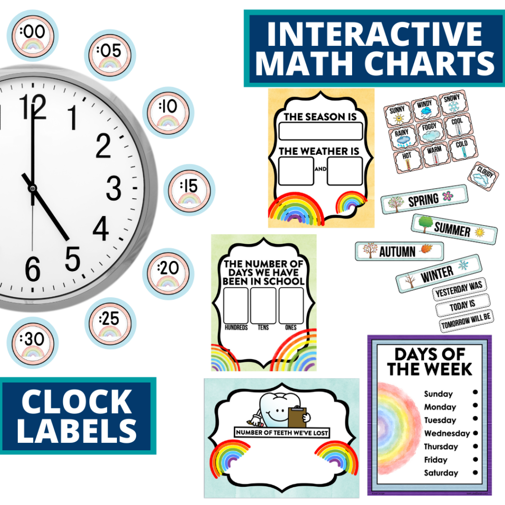 rainbow themed math resources for telling time, place value and the days of the week