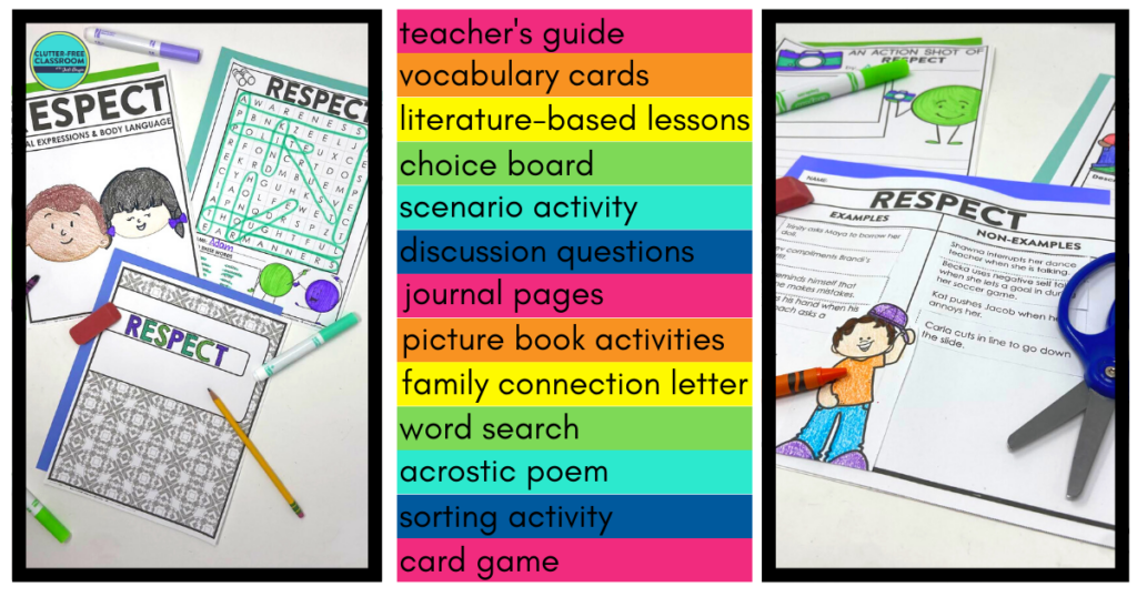 respect coloring page, word search, sorting activity, and writing activities