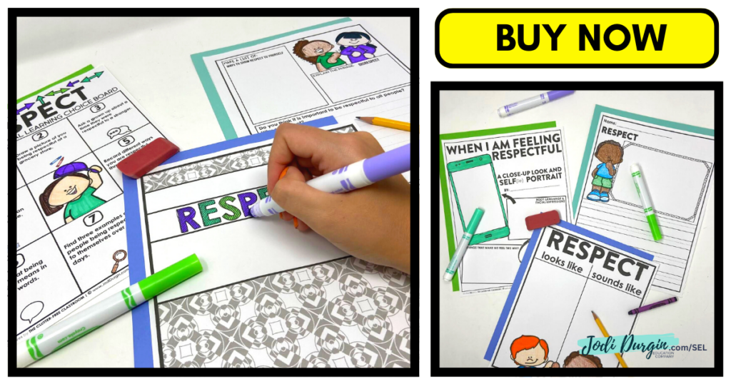respect coloring page, choice board, and writing activities