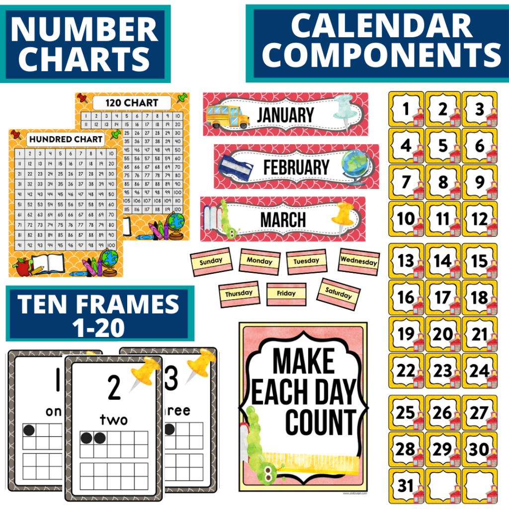 DIY printable classroom calendar for elementary teachers using a school classroom theme