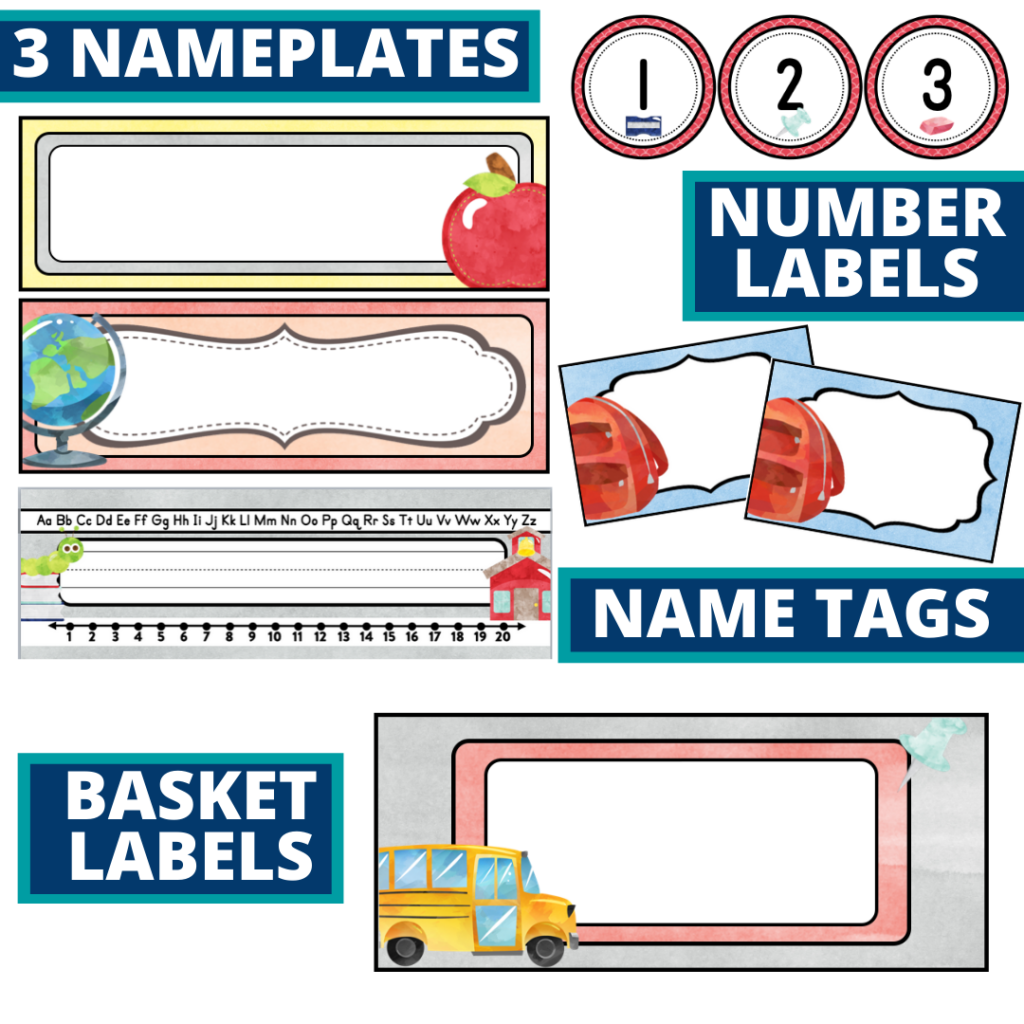 editable nameplates and basket labels for a school themed classroom