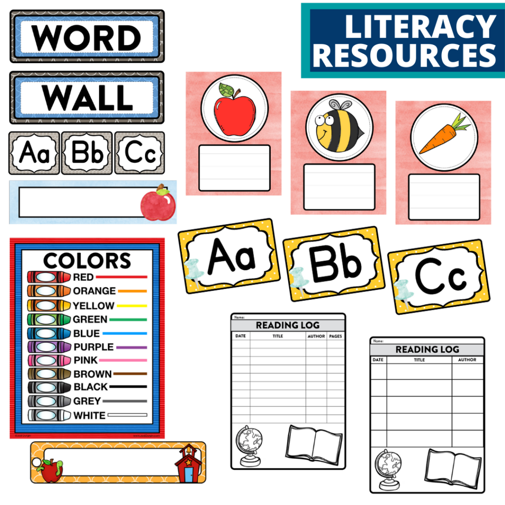 elementary classroom word wall and reading logs for a school themed classroom