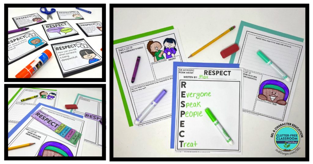 respect discussion prompt cards, acrostic poem, and writing activities