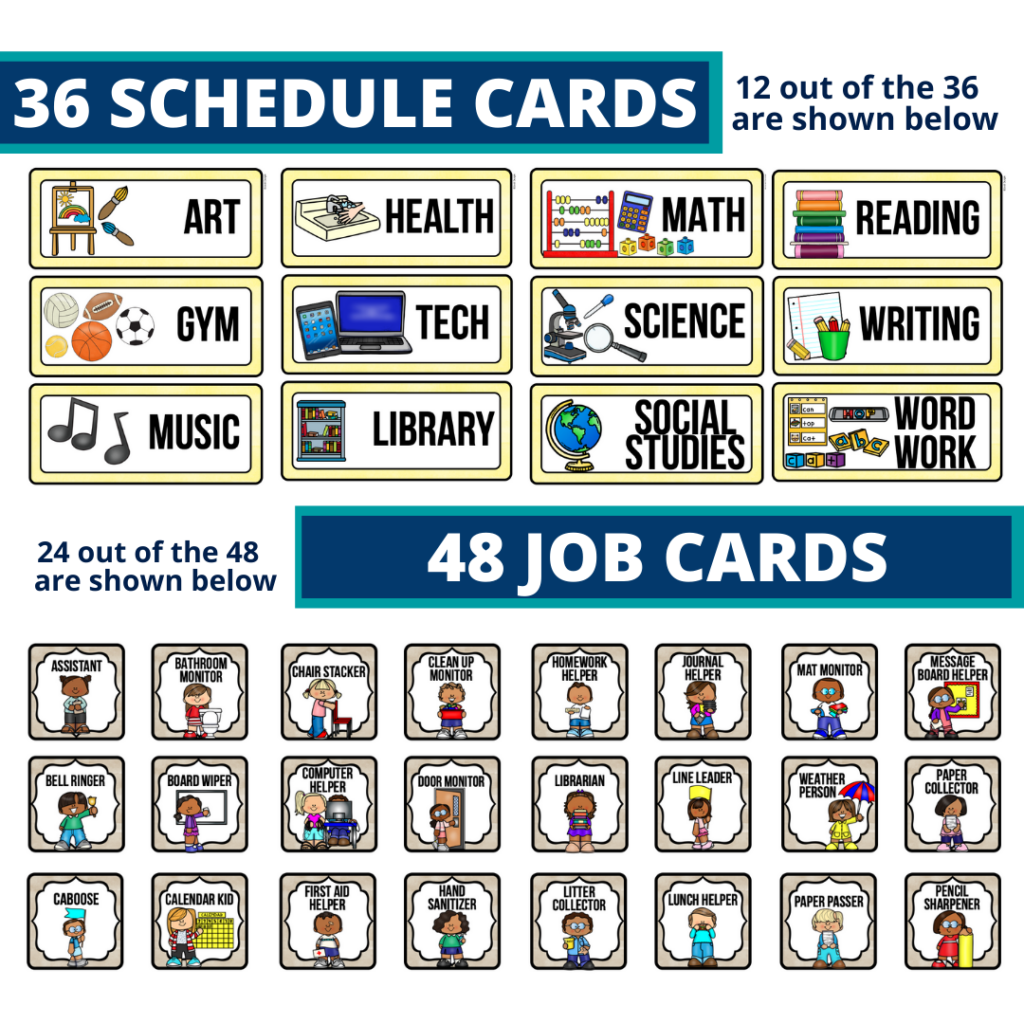 editable elementary schedule cards and job chart labels with a wizard theme