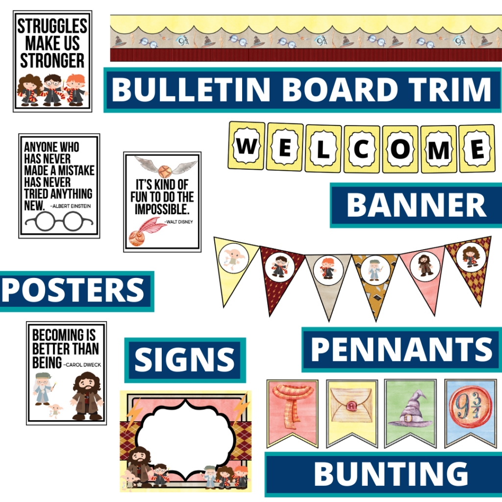 wizard theme bulletin board trim with pennants, banner and bunting