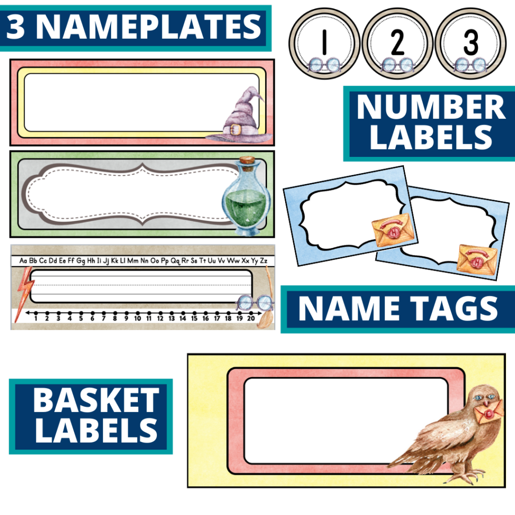 editable nameplates and basket labels for a wizard themed classroom