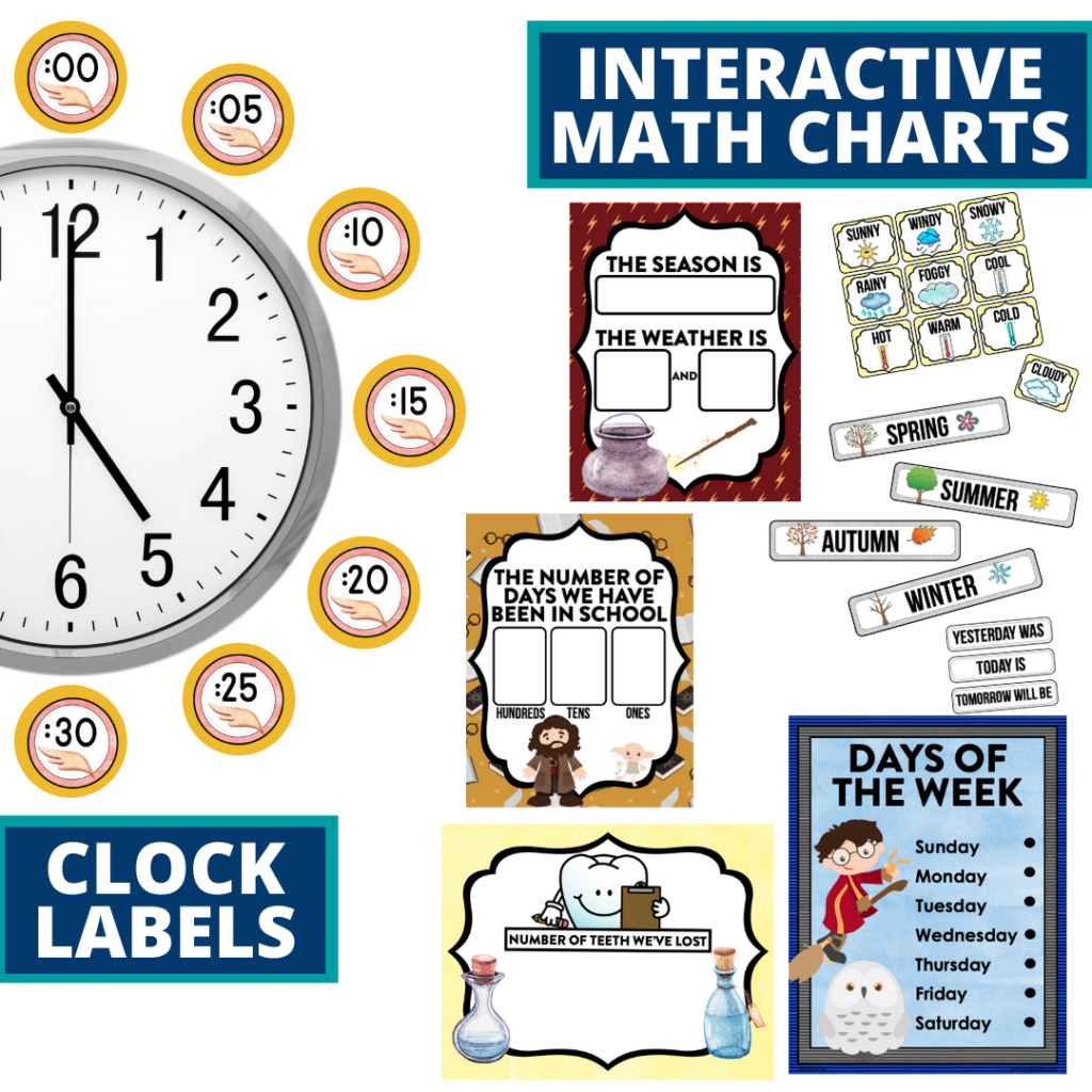 wizard themed math resources for telling time, place value and the days of the week