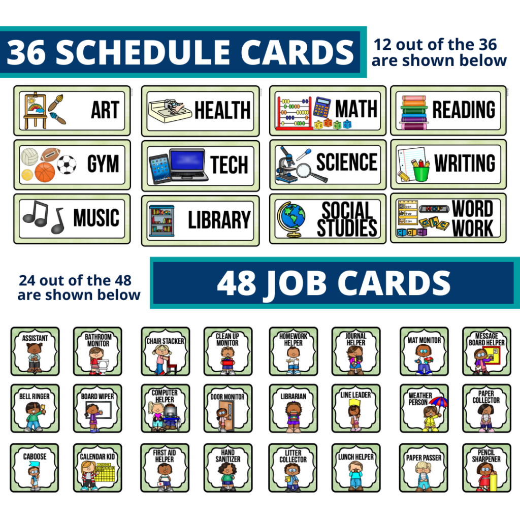editable elementary schedule cards and job chart labels with a woodland theme