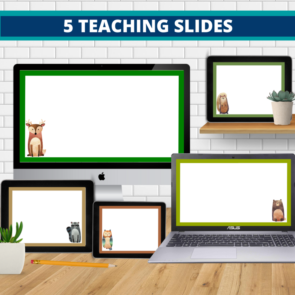 woodland theme google classroom slides and powerpoint templates for elementary teachers shown on computers