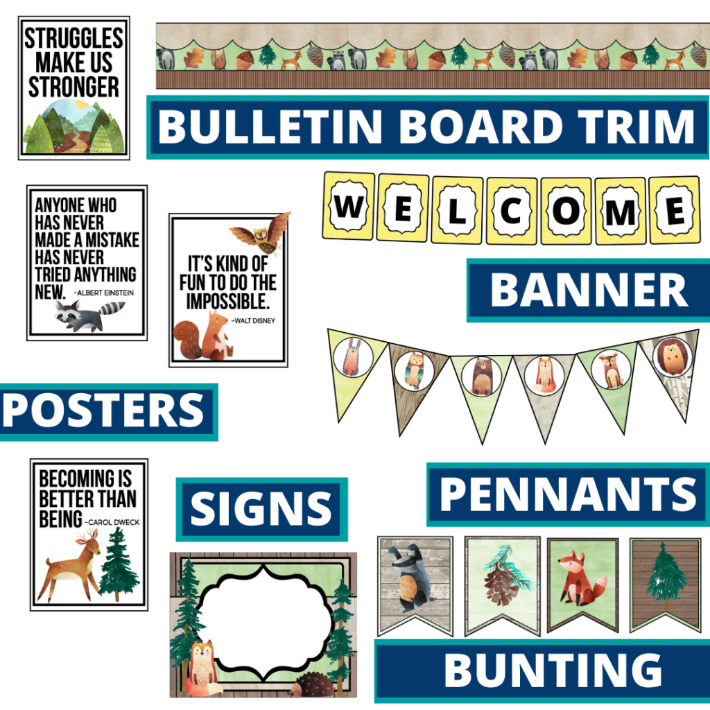 woodland theme bulletin board trim with pennants, banner and bunting