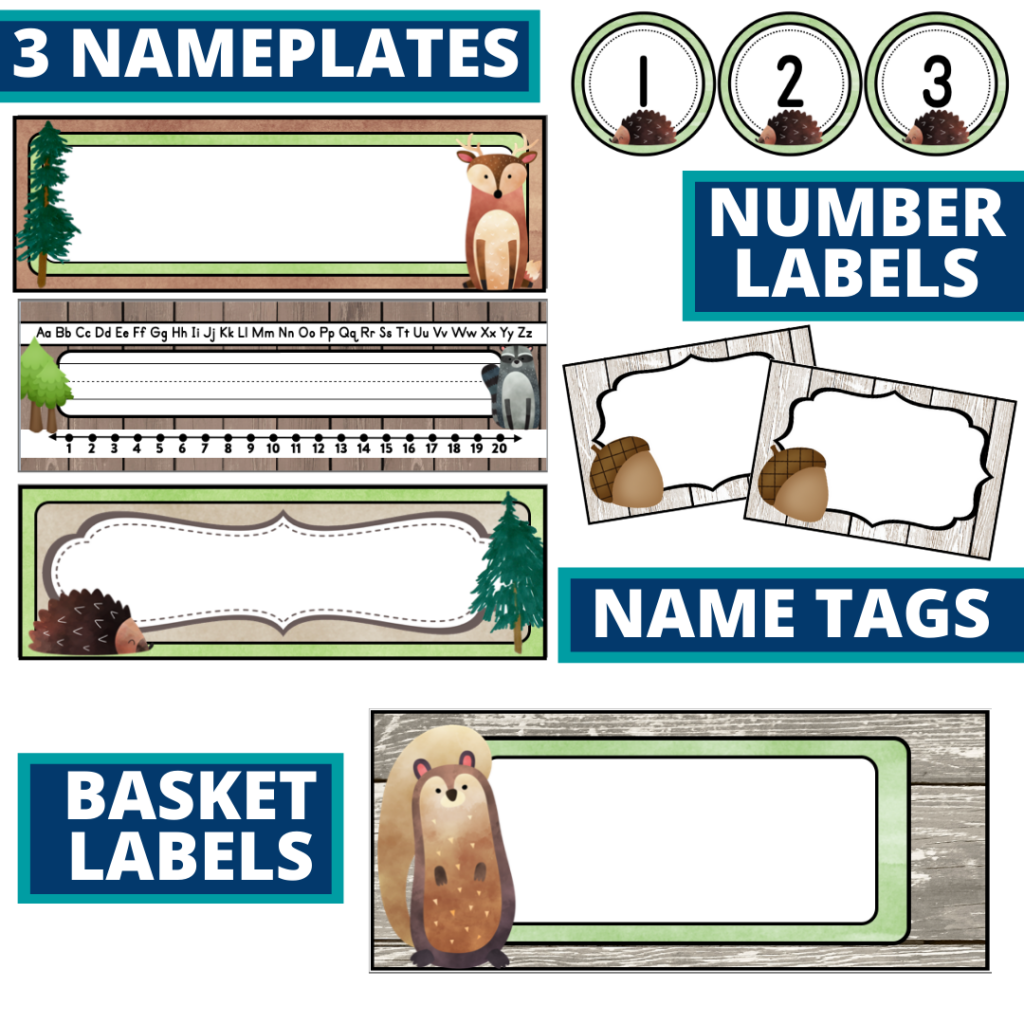 editable nameplates and basket labels for a woodland themed classroom