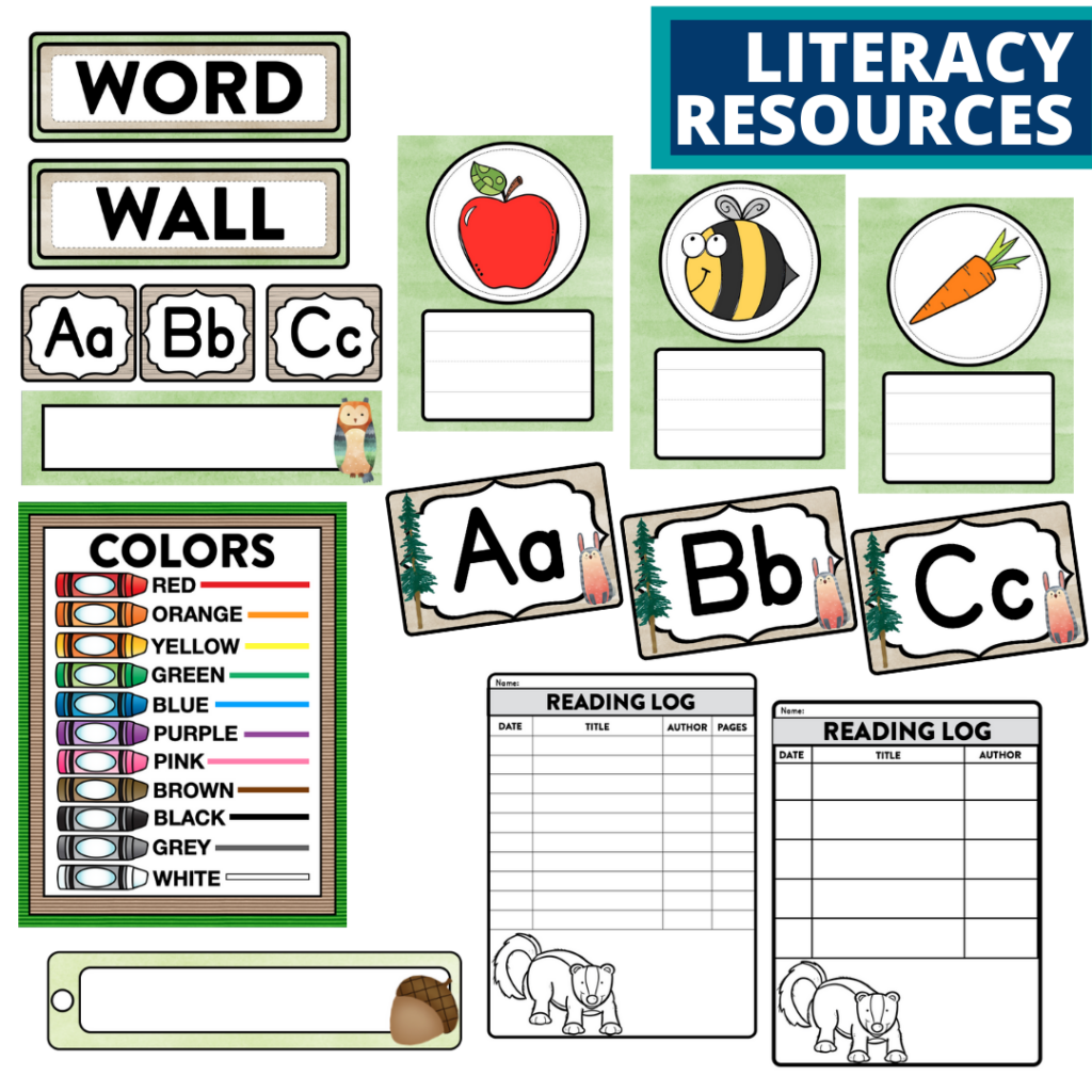 elementary classroom word wall and reading logs for a woodland themed classroom