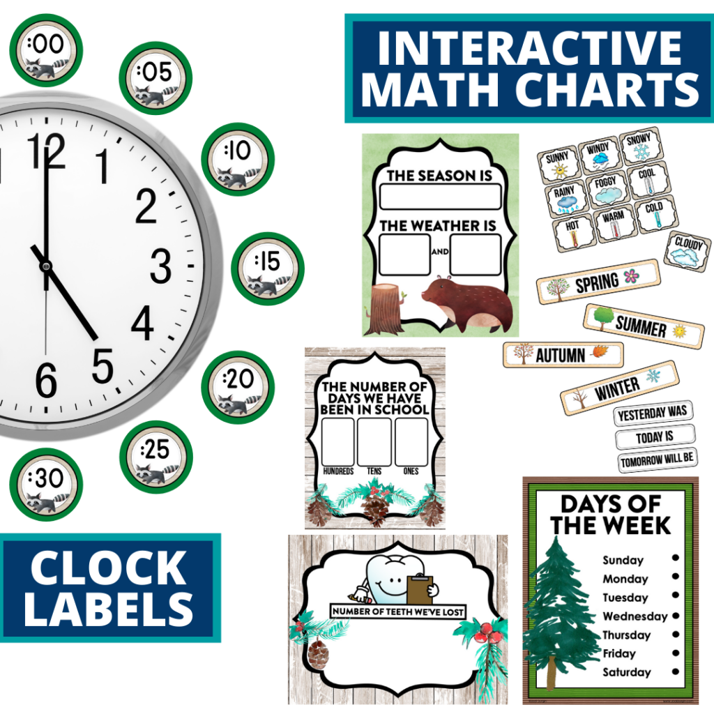 woodland themed math resources for telling time, place value and the days of the week